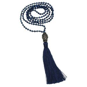 Buddha Head Beaded Tassel Long Necklace Blue